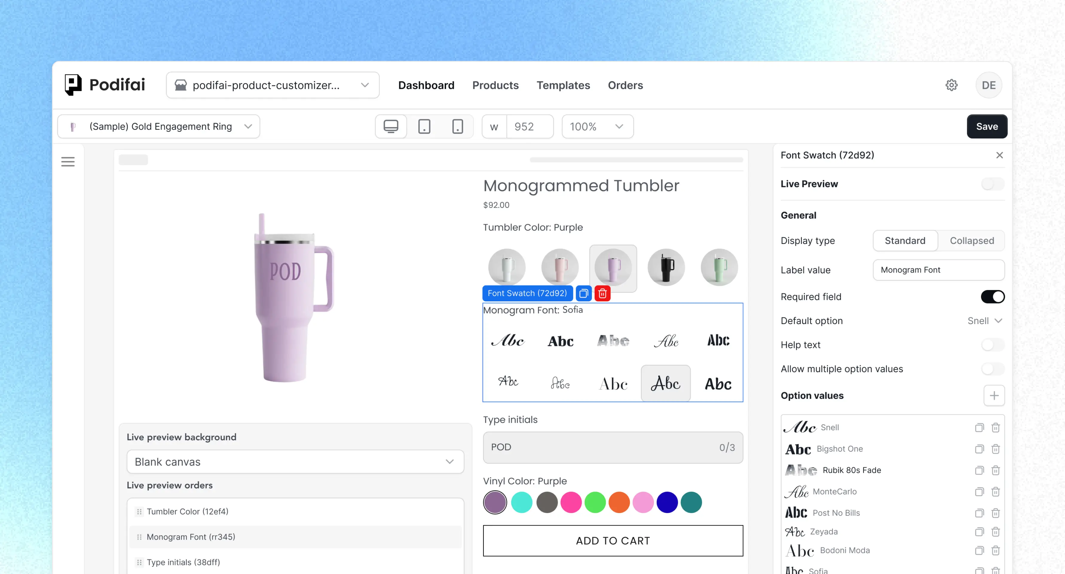 Podifai monogram product customizer with initials, font, color, and live product preview