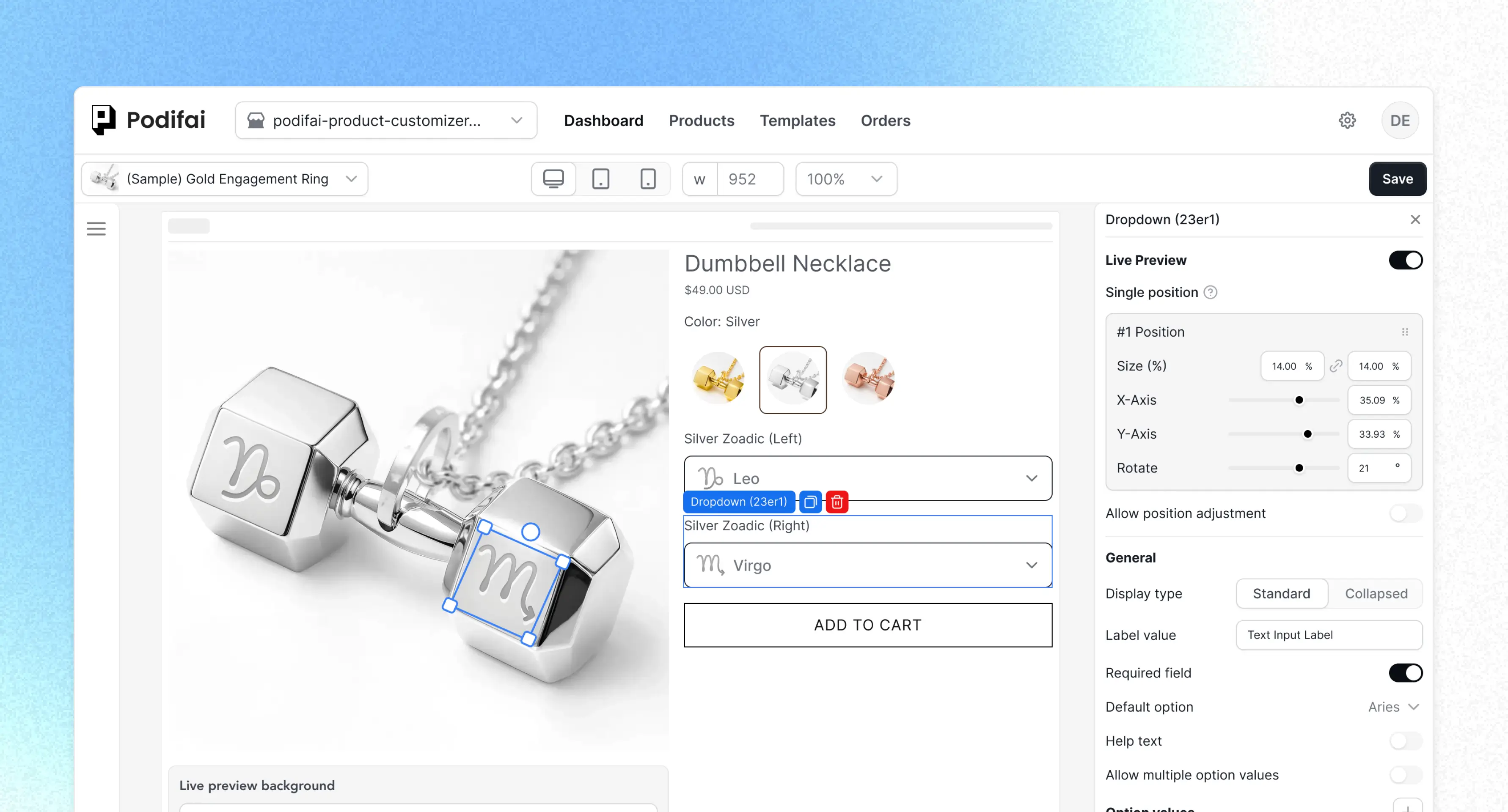 Podifai text engraving customizer with live product preview